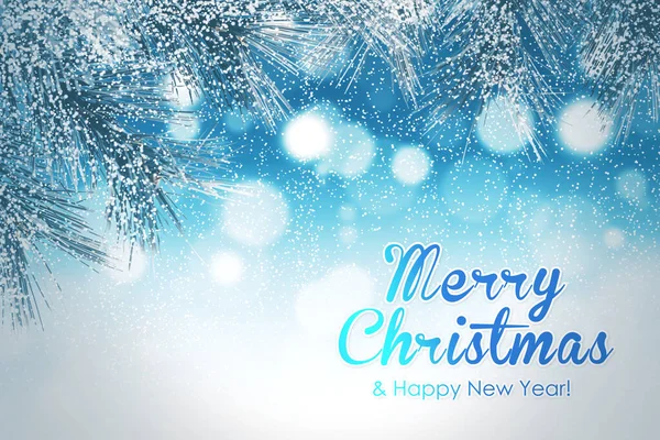 Obrázek Mrazivých Borovicových Listů Veselé Vánoce Šťastný Nový Rok Text — Stock fotografie
