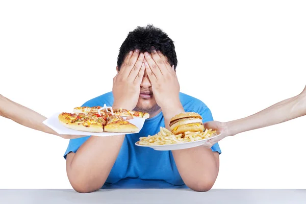 Fat man rejecting junk food 2 — Stock Photo, Image