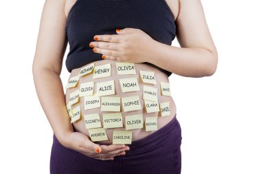 Pregnancy with baby names on her belly