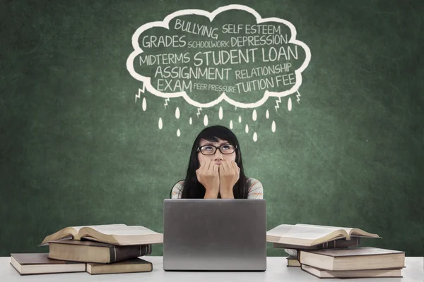 Panic student with cloud tag of problems — Stock Photo, Image