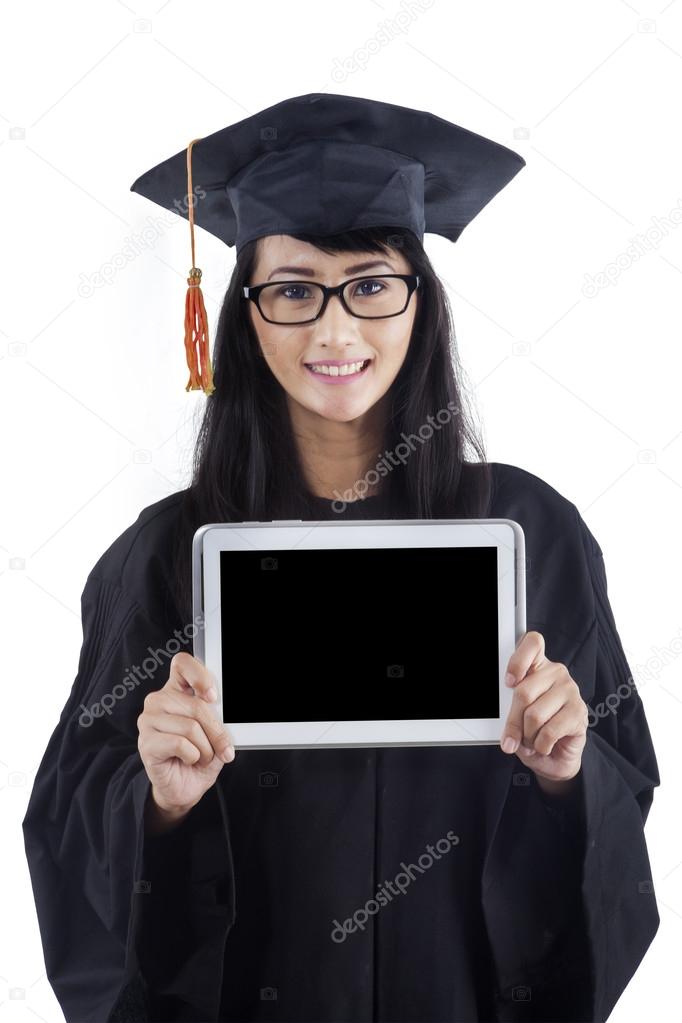 Student showing copyspace on digital tablet