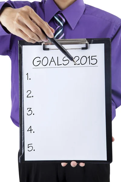 Businessman hand showing goals on 2015 — Stock Photo, Image