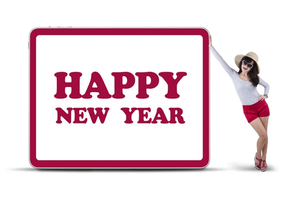 Girl with new year board — Stock Photo, Image