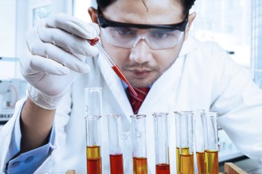 Erkek bilim adamı araştırma laboratuvarında yapıyor