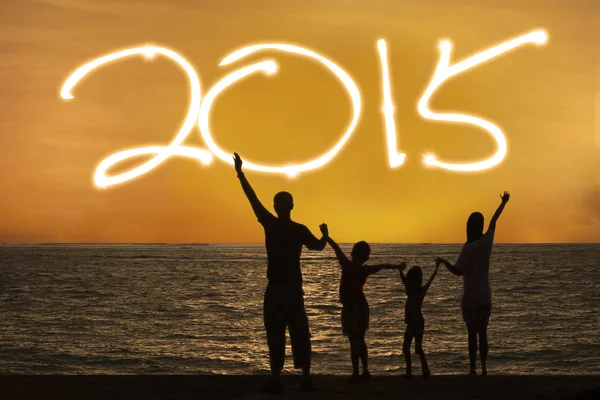 Silhouette of family enjoy new year — Stock Photo, Image
