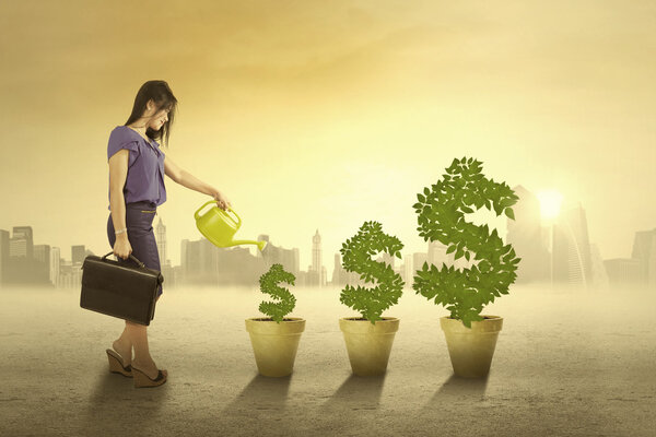 Woman watering the money trees outdoors