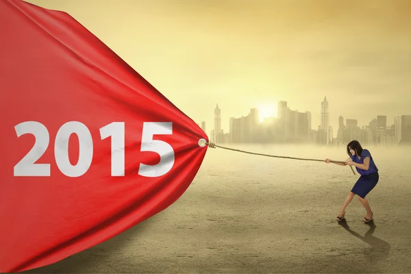 Worker pulling number 2015 outdoors — Stock Photo, Image