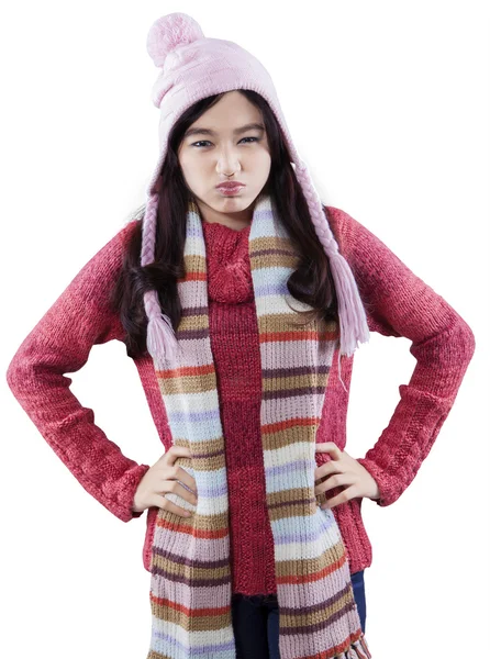 Pretty girl with angry face wearing sweater — Stock Photo, Image