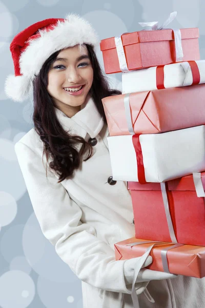 Happy girl get many christmas presents Royalty Free Stock Photos