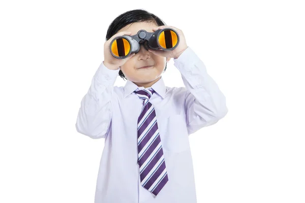 Little businessman using binoculars - isolated — Stock Photo, Image