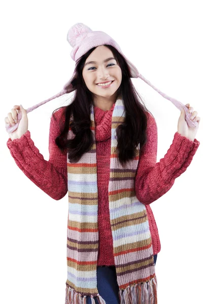 Cute girl with winter fashion at the studio — Stock Photo, Image