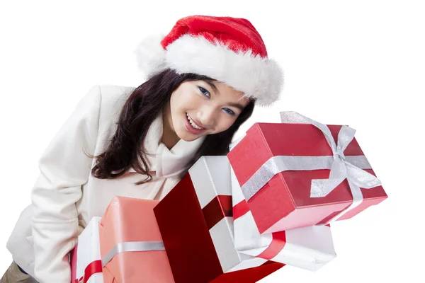 Portrait of christmas girl with presents — Stock Photo, Image