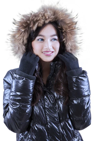 Pretty teenage girl with fur jacket — Stock Photo, Image