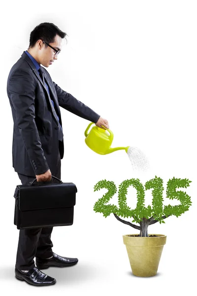 Geschäftsleute pflegen eine baumförmige Zahl 2015 — Stockfoto