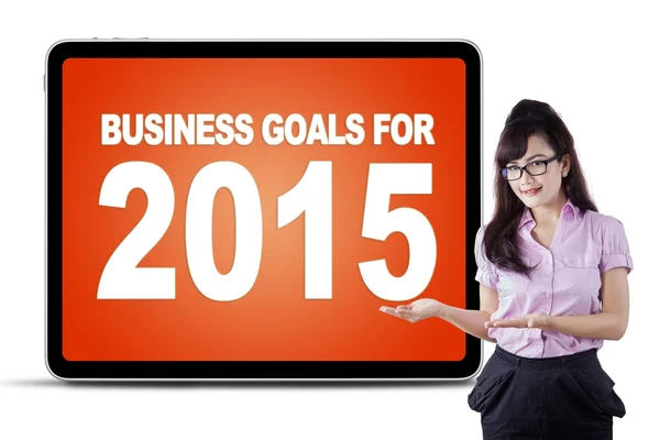 Podnikatelka, představující obchodní cíle pro rok 2015 — Stock fotografie