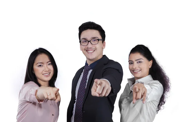 Group of diverse businesspeople pointing at camera — Stock Photo, Image