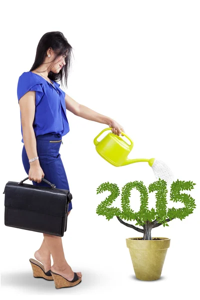 Watering a tree shaped number 2015 — Stock Photo, Image