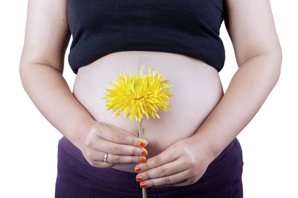 Close-up van zwangere vrouw met bloem — Stockfoto