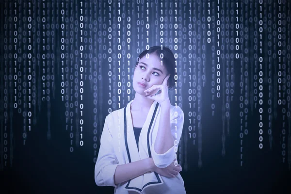 Female manager with binary code