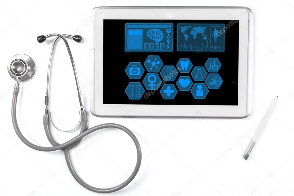 Medical icons on the tablet with stethoscope