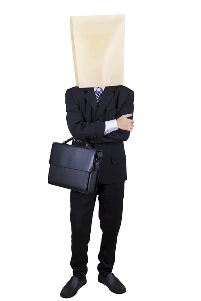 Confident businessman with cardboard head — Stock Photo, Image