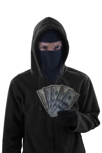 Masculino bandido detém o dinheiro roubado — Fotografia de Stock