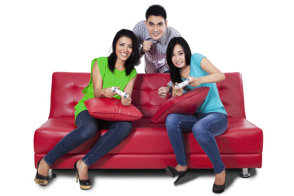 Group of teenager playing games isolated