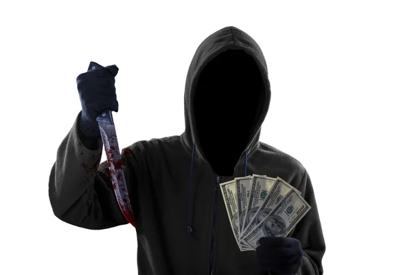 Mugger showing bloody knife and money — Stock Photo, Image