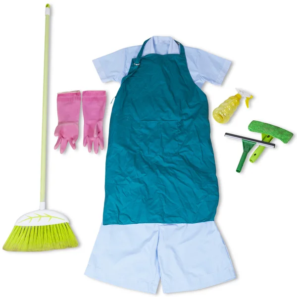 Vêtements de femme de ménage et outils nettoyants — Photo