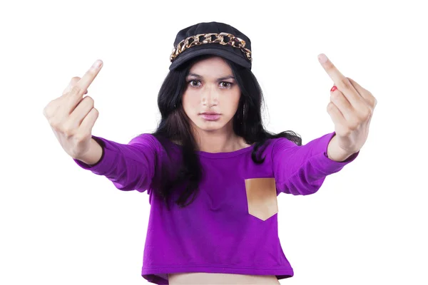 Angry girl showing middle fingers — Stock Photo, Image