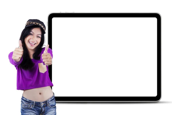 Happy girl with a blank board — Stock Photo, Image