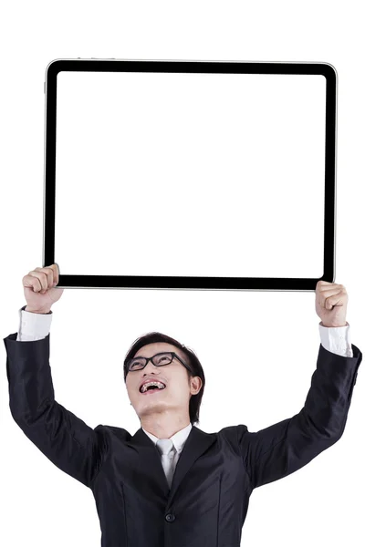 Worker with signboard in studio — Stock Photo, Image
