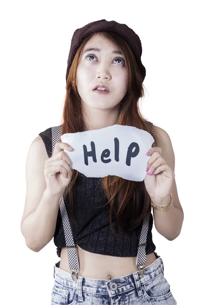 Teen girl need help and show a text — Stock Photo, Image