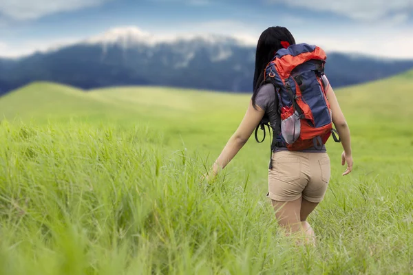 Backpacker chodzenie na łące w hill — Zdjęcie stockowe