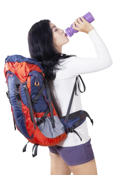 Hiker drinks water with bottle — Stock Photo, Image