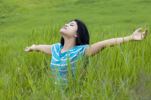Mujer atractiva disfrutando de la libertad en la naturaleza — Foto de Stock