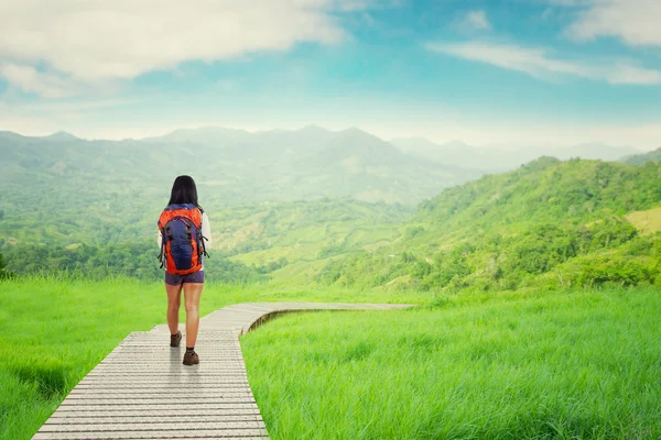 Hiker walking on wood path — Stock Photo, Image