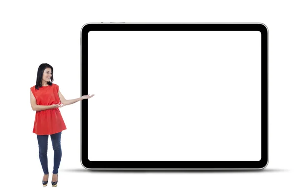 Woman with blank board in studio — Stock Photo, Image