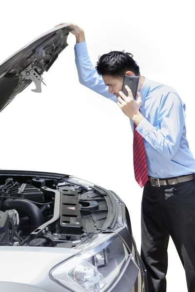 Confused person and broken car — Stock Photo, Image