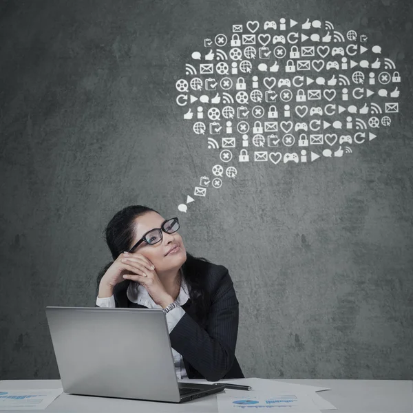 Female worker with web icons set — Stock Photo, Image