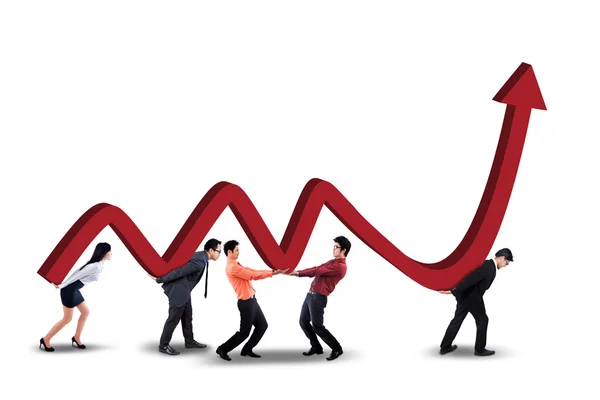 Teamwork with business chart and upward arrow — Stock Photo, Image