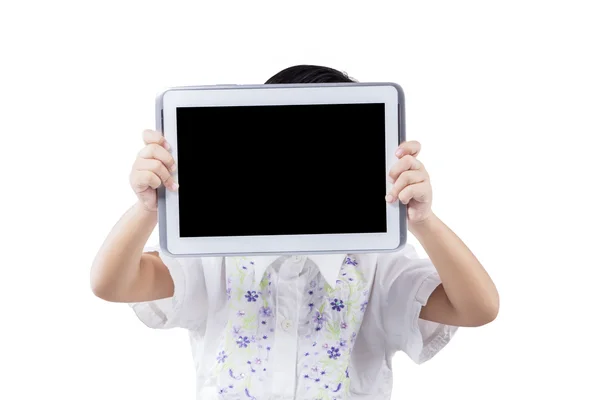 Female child with tablet isolated — Stok fotoğraf