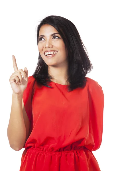 Pretty woman with red clothes having idea — Stock Photo, Image