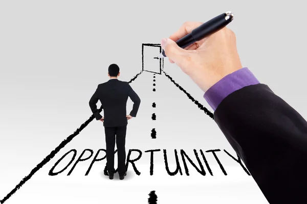 Worker on a road with opportunity door — Stock Photo, Image