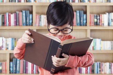 Adorable little student reads book in library