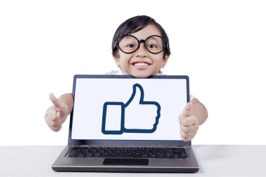 Happy student with laptop shows hands gesture
