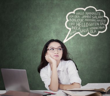 Lovely student with speech bubble of multi language