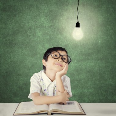 Smart primary school student looking at light bulb