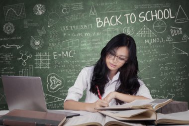 Clever learner doing assignment in class