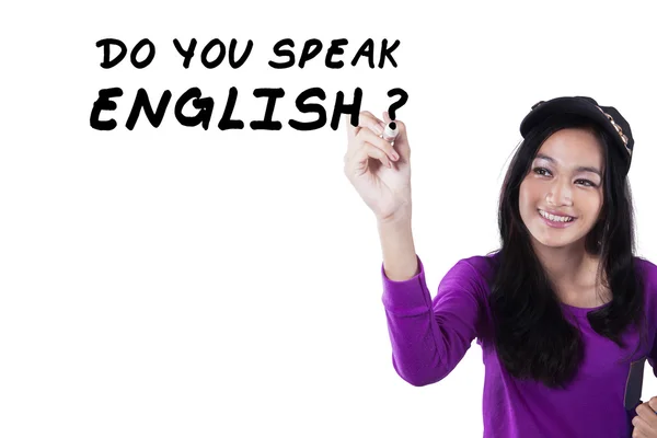 Teenage girl learns english concept — Stok fotoğraf